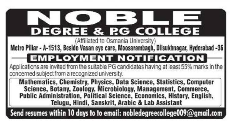 Hiring Teaching Staff & Lab Assistants at Noble Degree & P.G. College