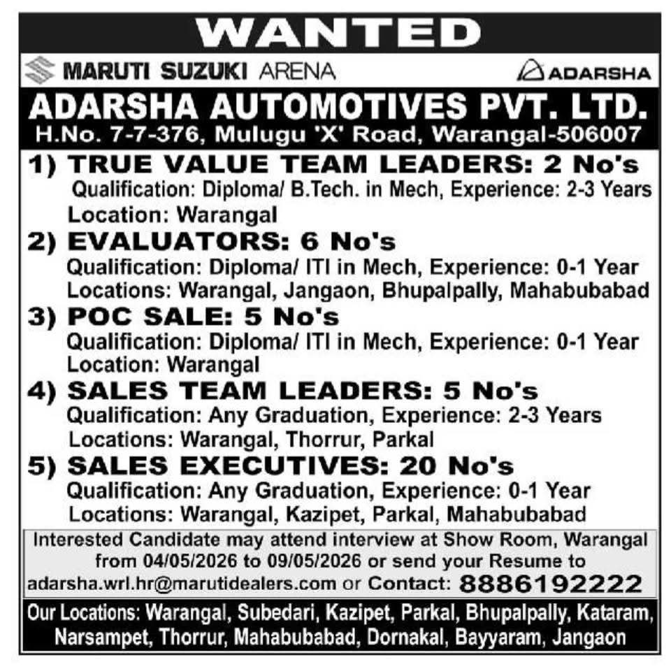 Hiring Team Leaders, Evaluators & Sales Executives at Adarsha Automotives Pvt. Ltd.