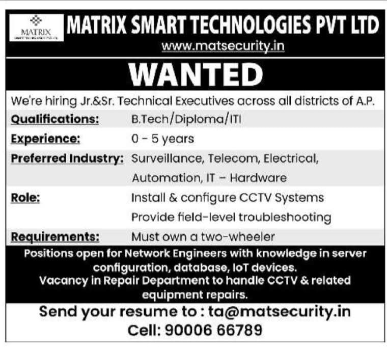 Hiring Technical Executives at Matrix Smart Technologies