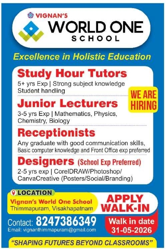 Hiring: Tutors, Lecturers & Staff at Vignan’s World One School
