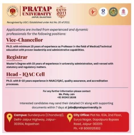 Hiring Vice-Chancellor, Registrar & Head-IQAC at Pratap University