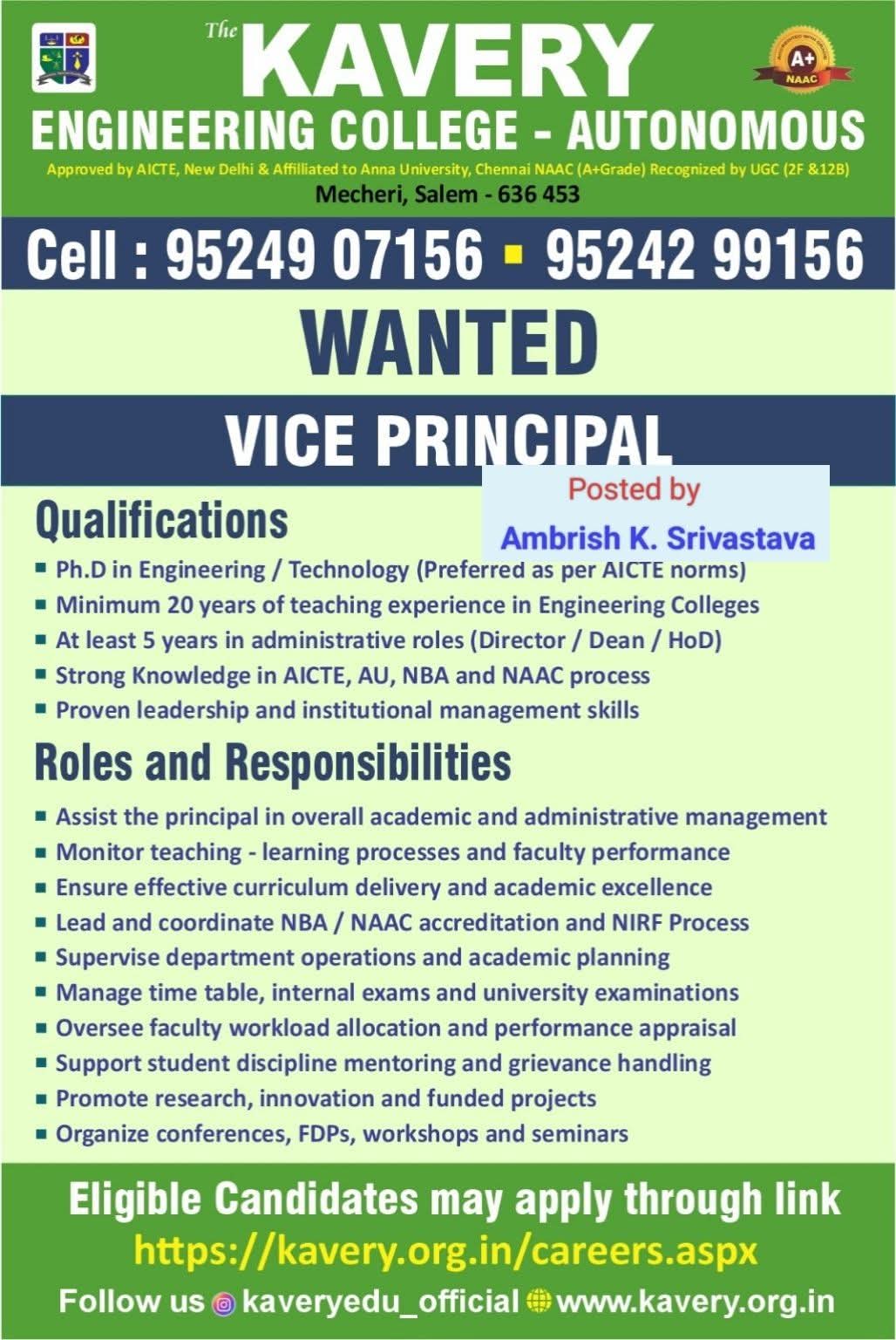 Hiring: Vice Principal at The Kavery Engineering College