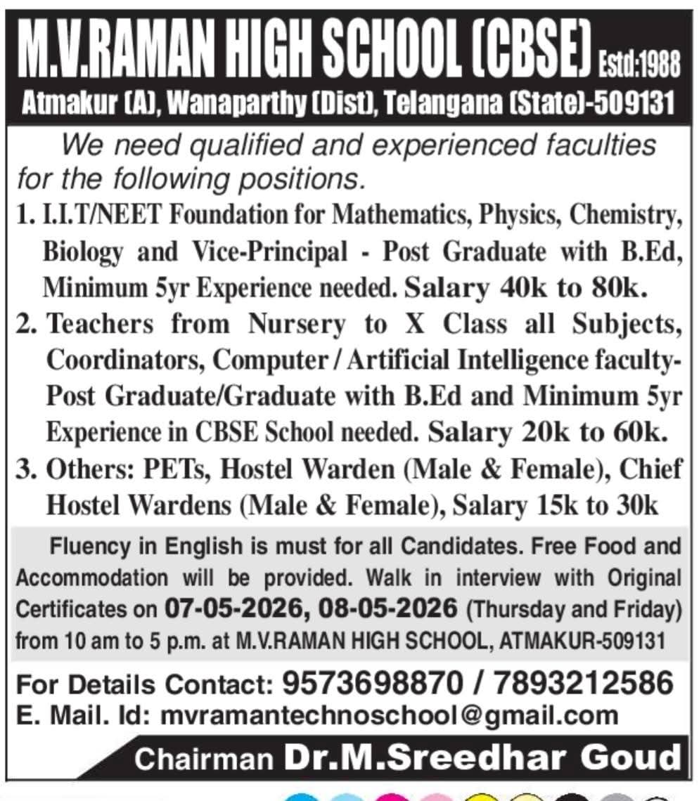 Hiring Vice-Principal, IIT/NEET Faculty, Teachers & Staff at M.V. Raman High School