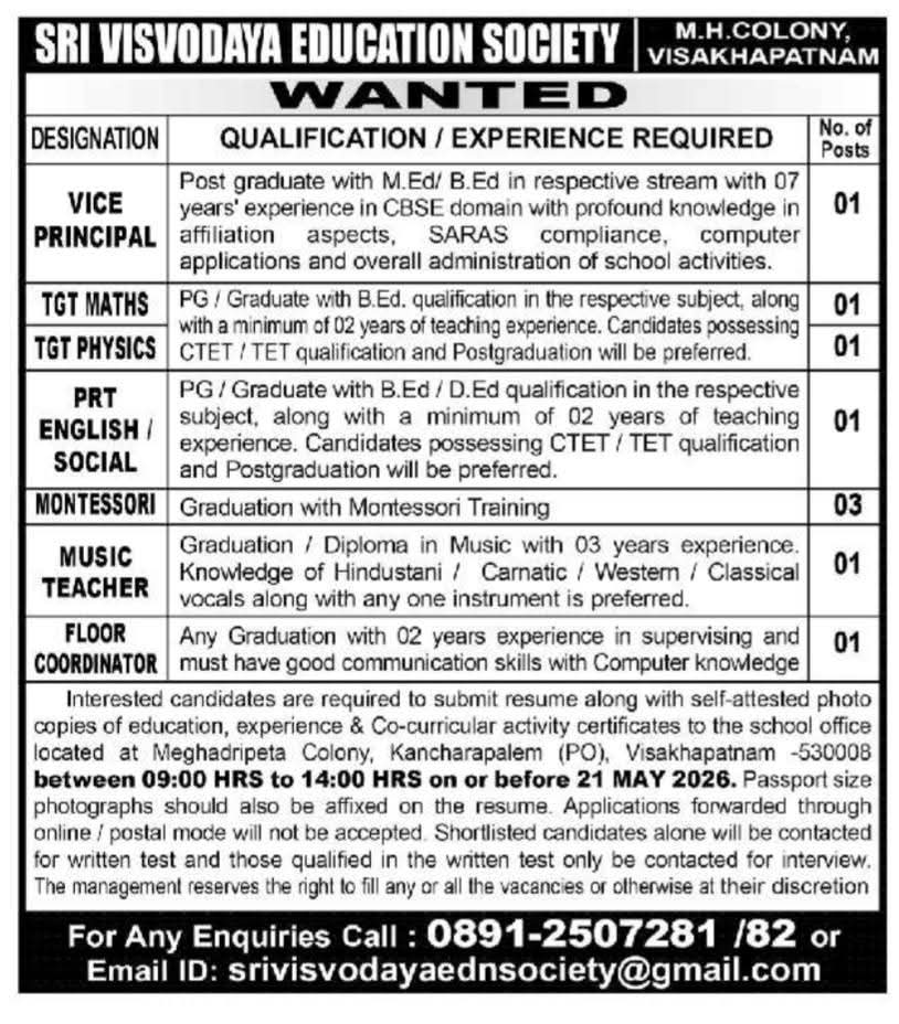 Hiring: Vice Principal, Teachers & Staff at Sri Visvodaya Education Society