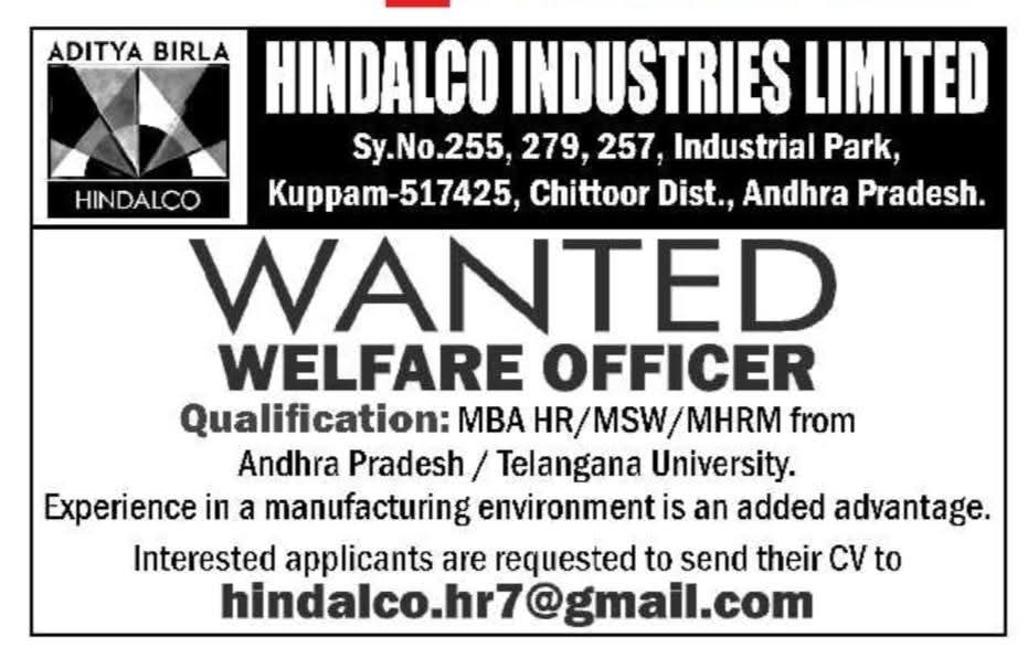 Hiring Welfare Officer at Hindalco Industries Limited
