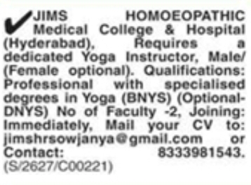 Hiring: Yoga Instructors (JIMS Homoeopathic Medical College)