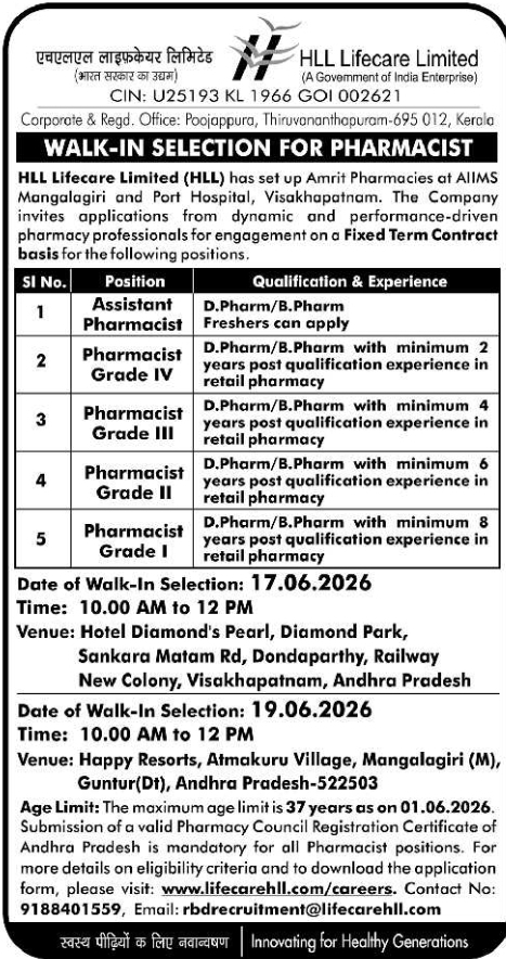 HLL Lifecare Limited Pharmacist Walk-In Drive