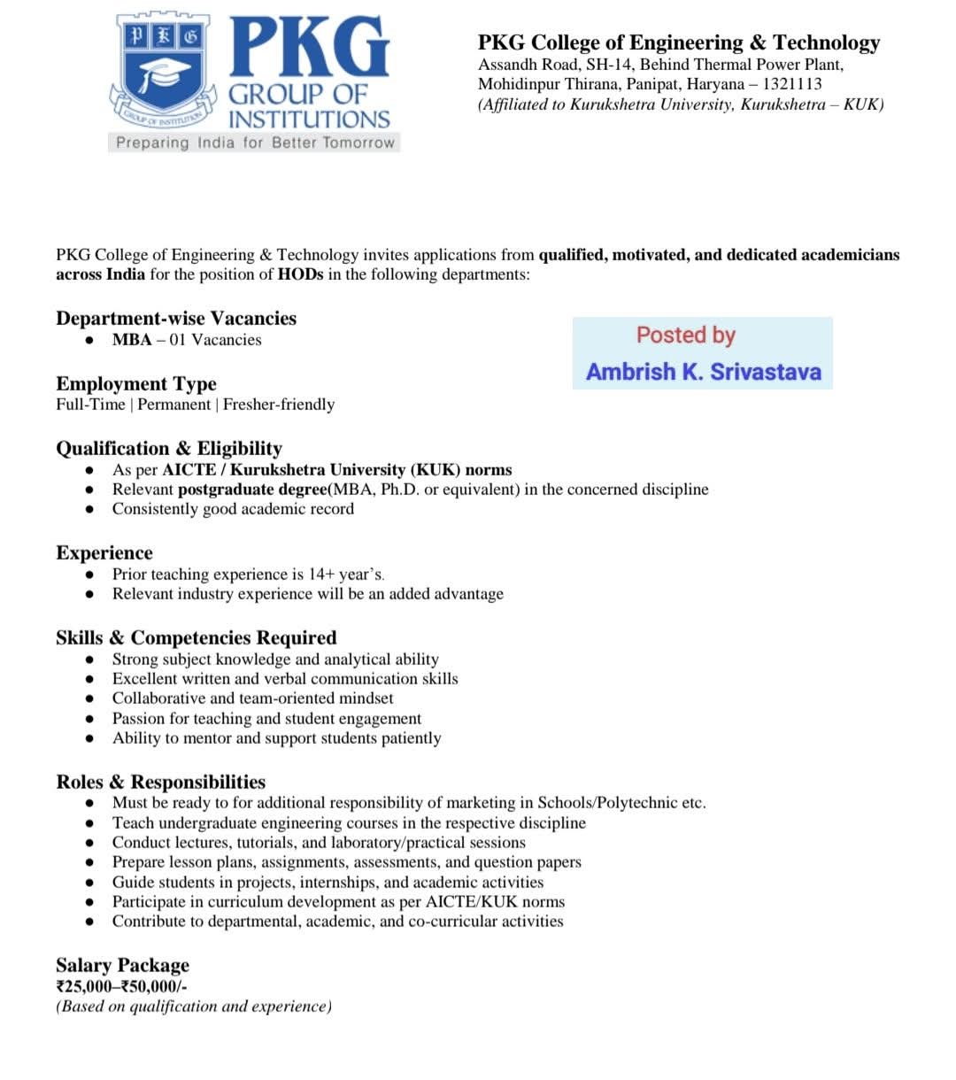 HOD Recruitment 2026 At PKG College of Engineering & Technology
