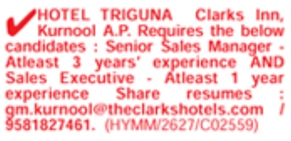 Hotel Sales Manager and Executive Job Vacancies