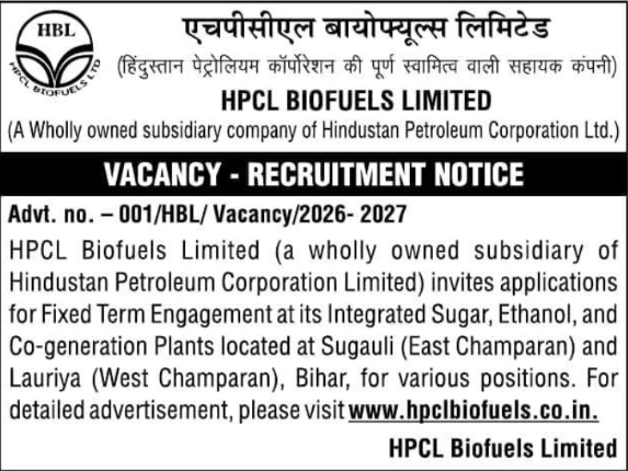 HPCL Biofuels Vacancies: Fixed-Term Plant Operations