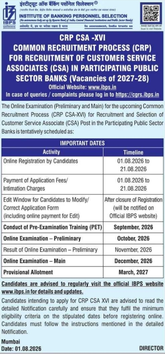 IBPS CRP CSA-XVI Customer Service Associate Common Recruitment Process