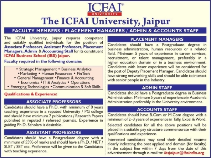 ICFAI Jaipur Jobs: Management Faculty & Placement Managers
