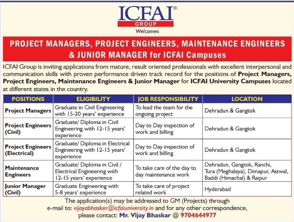 ICFAI University Hiring: Technical Project & Maintenance Engineers