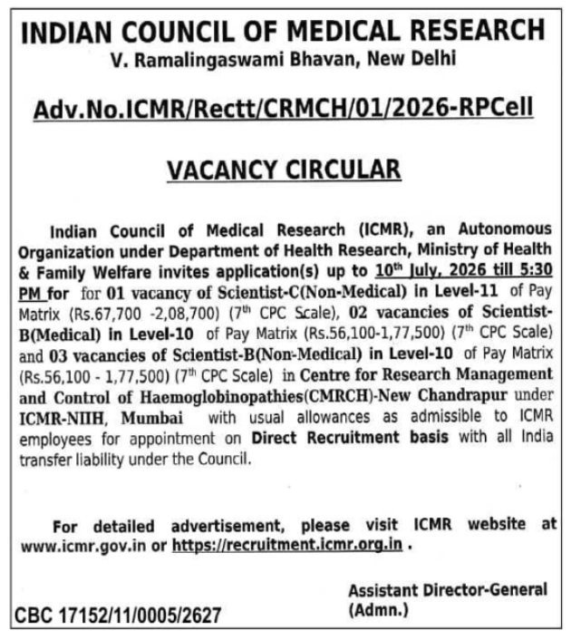 ICMR Scientist Recruitment Vacancy Circular