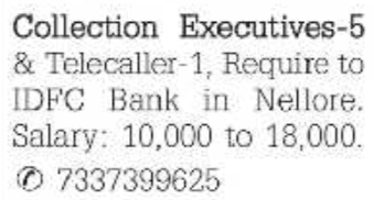 IDFC Bank Nellore: Executive & Telecaller Openings