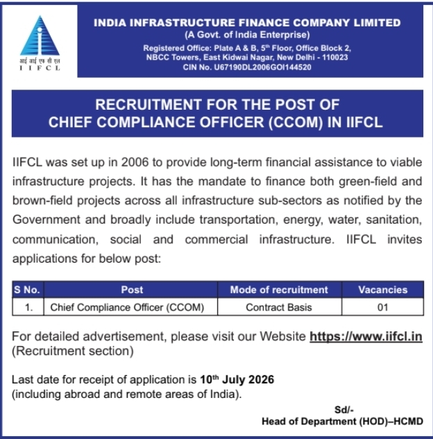 IIFCL Chief Compliance Officer Recruitment