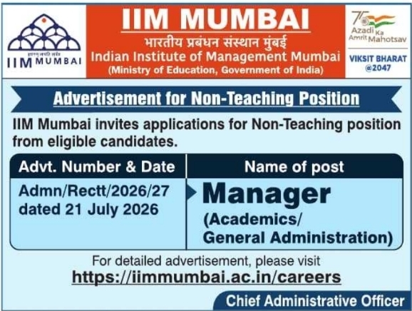IIM Mumbai Recruitment: Manager (Academics / Administration)