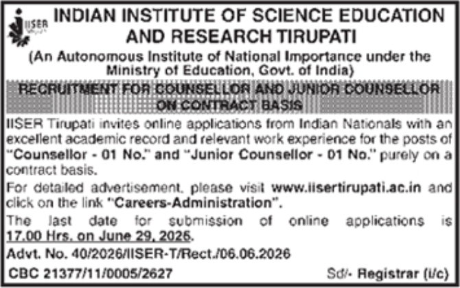 IISER Tirupati Counselor Recruitment