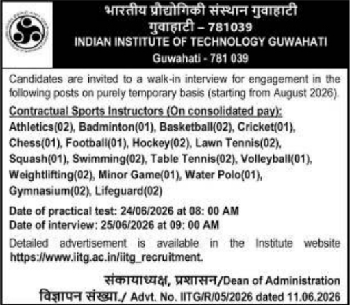 IIT Guwahati: Sports Instructor Recruitment