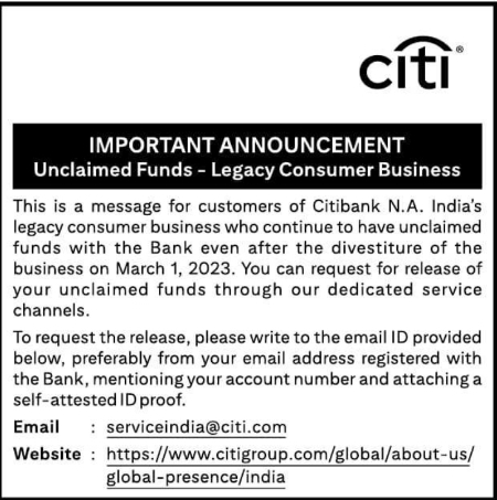 Important Announcement: Citibank India Unclaimed Funds