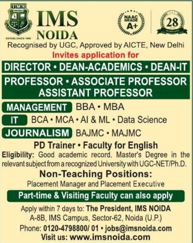 IMS Noida Recruitment: Multiple Openings for Director, Deans, Faculty, & Staff
