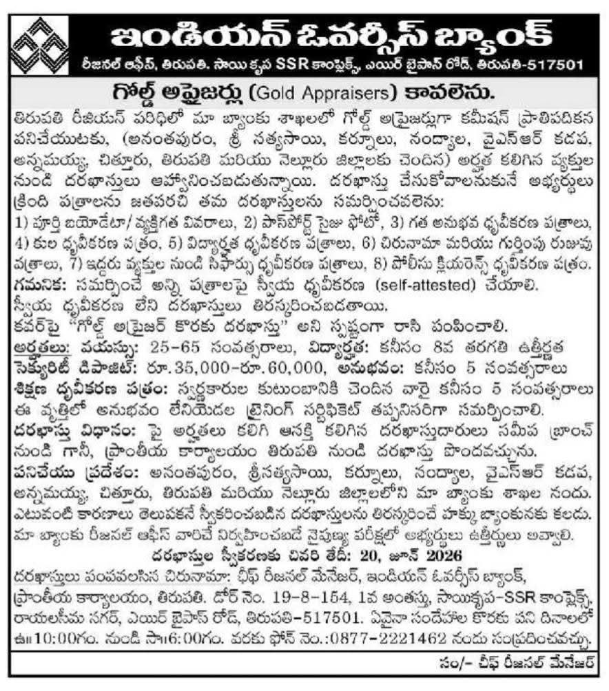 Indian Overseas Bank: Gold Appraiser Recruitment