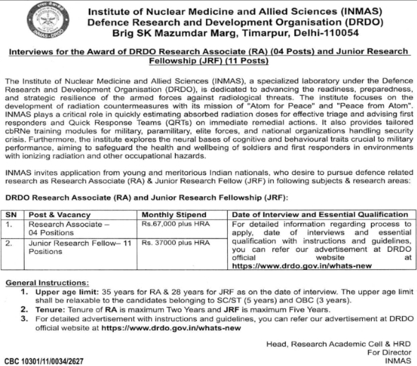 INMAS DRDO: Interviews for RA and JRF Fellowships