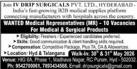 IV Drip Surgicals Medical Representative Recruitment