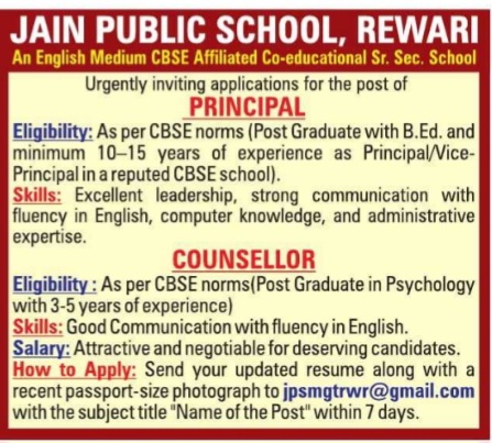 Jain Public School  Principal & Counsellor Recruitment