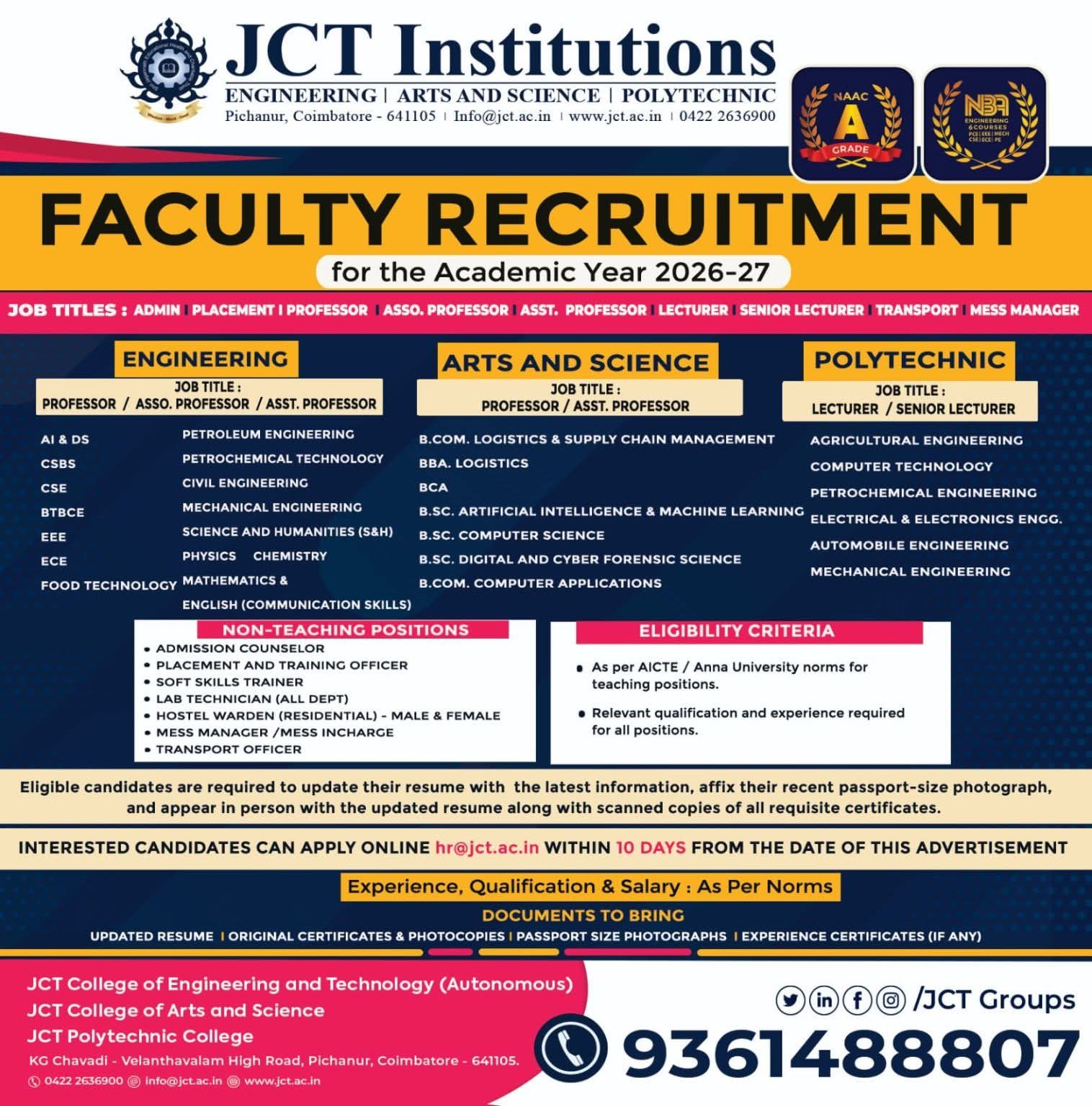 JCT Institutions Recruitment 2026-27: Faculty & Non-Teaching  Staff