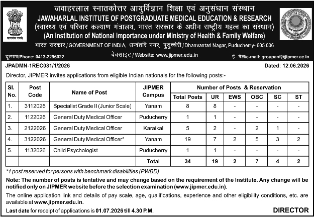JIPMER: Medical Officer and Specialist Recruitment