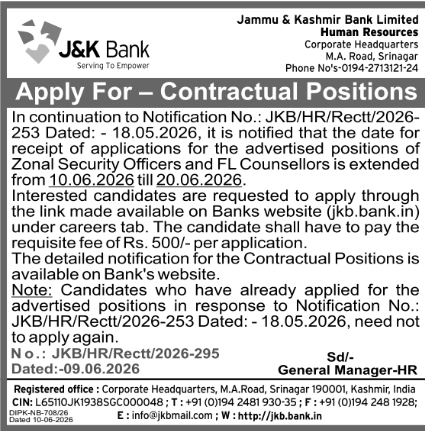 J&K Bank Contractual Positions Deadline Extension Notice