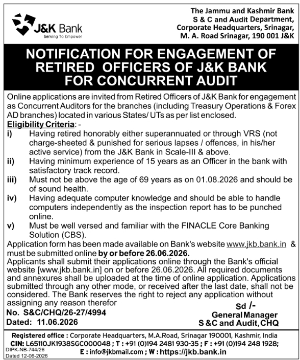 J&K Bank Retired J&K Officers Concurrent Audit Engagement