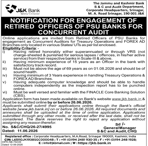 J&K Bank Retired PSU Officers Concurrent Audit Engagement