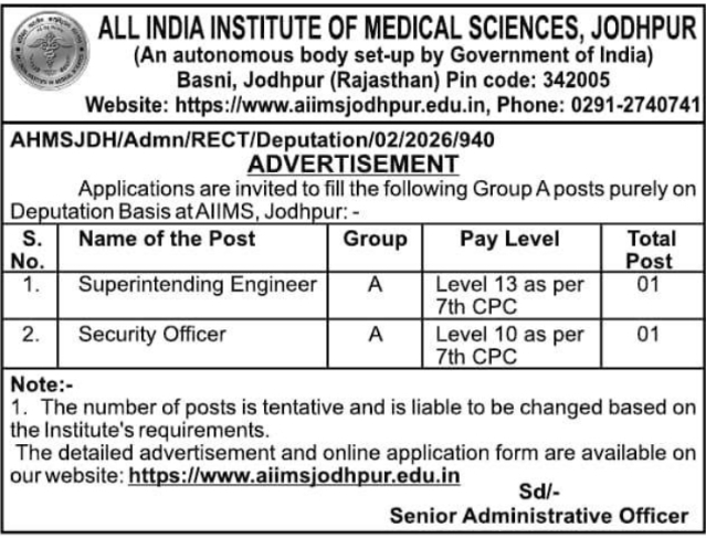 Job Notice: AIIMS Jodhpur Group A Deputation Recruitment