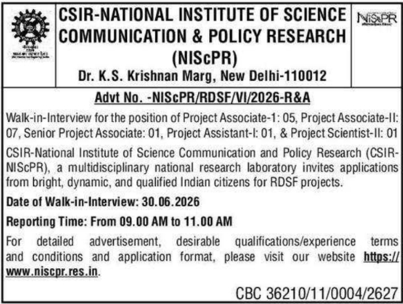 Job Opening: Project Positions Walk-in Interview by CSIR-NIScPR