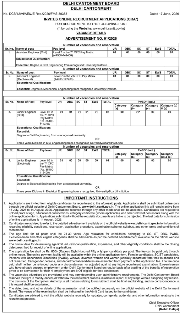 Job Notification: Engineering Recruitment Delhi Cantonment Board