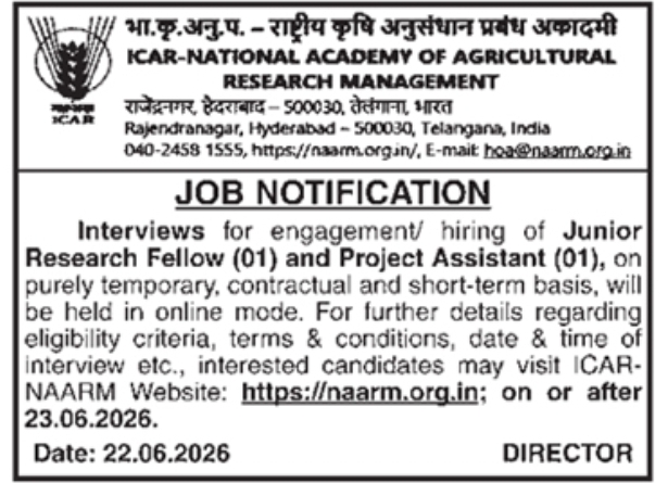 Job Notification: ICAR-NAARM Hyderabad