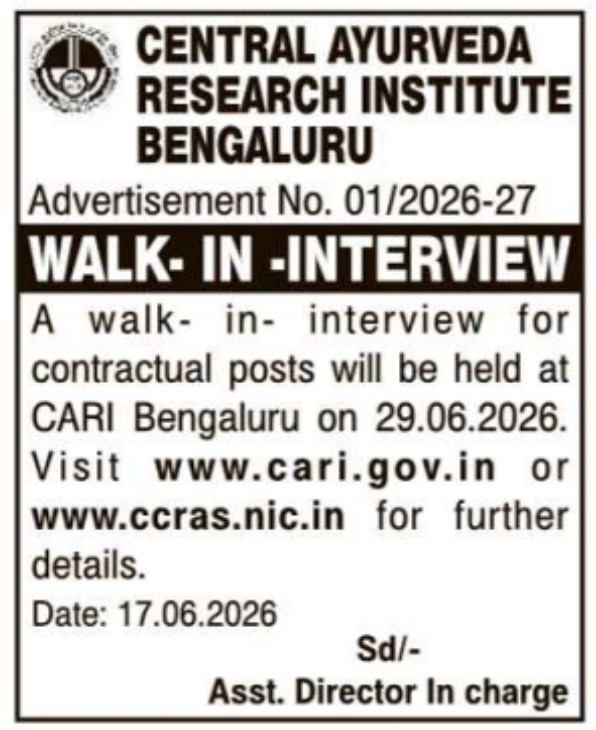 Job Notification: Walk-In-Interview CARI Bengaluru