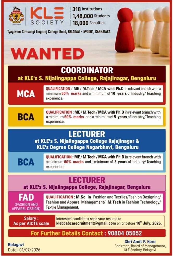 Job Opening: Academic Coordinators and Lecturers at KLE Society