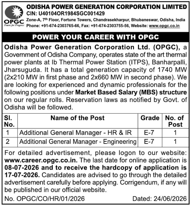 Job Opening: Additional General Managers at Odisha Power Generation Corporation Limited (OPGC)