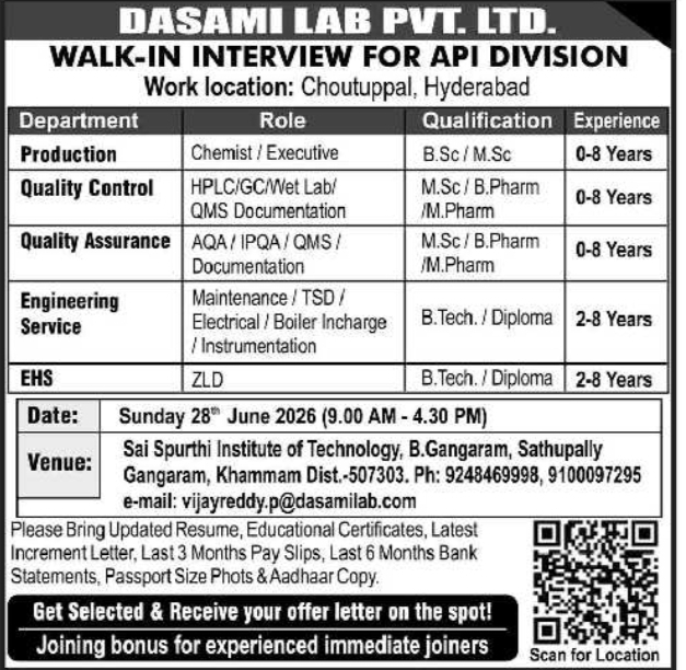 Job Opening: API Division, Dasami Lab Pvt. Ltd.