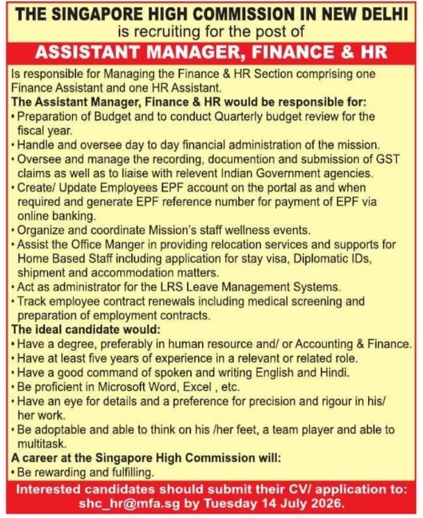 Job Opening: Assistant Manager at The Singapore High Commission