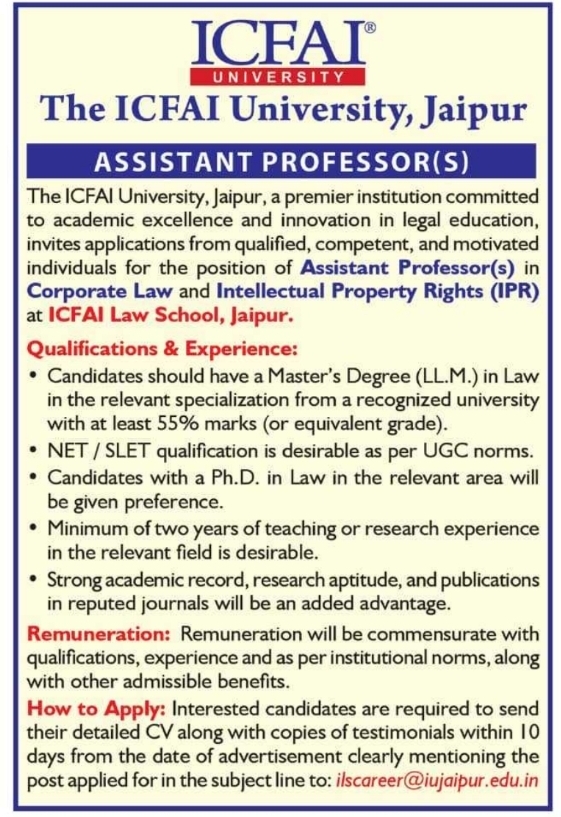 Job Opening: Assistant Professor at The ICFAI University