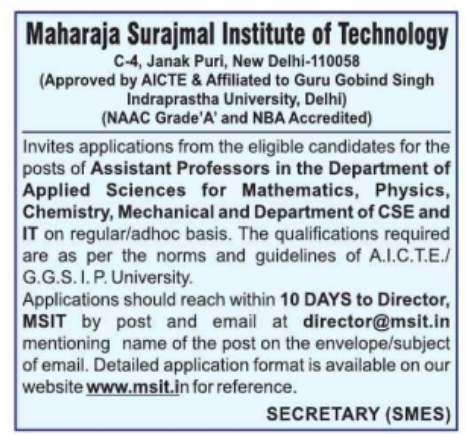 Job Opening: Assistant Professors at Maharaja Surajmal Institute of Technology