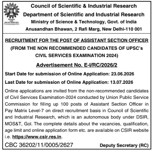 Job Opening: Assistant Section Officer, CSIR New Delhi