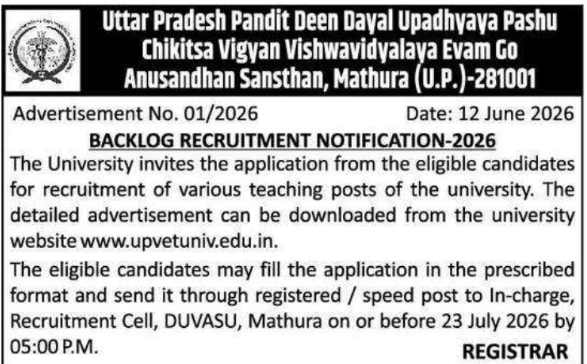 Job Opening: Backlog Teaching at DUVASU Mathura