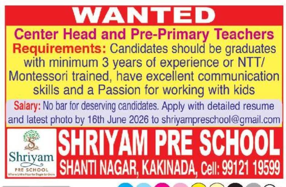 Job Opening: Center Head & Pre-Primary Teachers