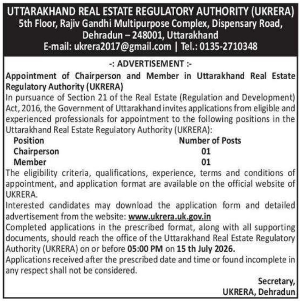 Job Opening: Chairperson and Member Appointment by Uttarakhand Real Estate Regulatory Authority
