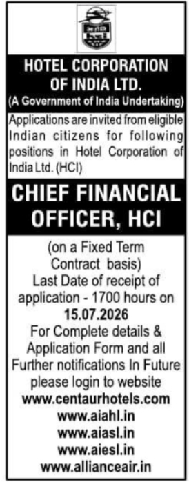 Job Opening: Chief Financial Officer at Hotel Corporation of India Ltd.